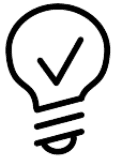 A checkmark inside a lightbulb line drawing, symbolizing an idea or a solution being approved or correct.